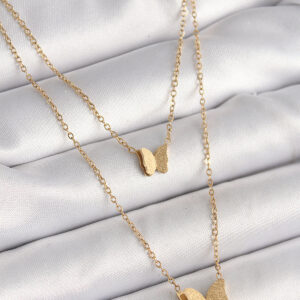 316L Çelik Gold Renk 2'Li Simli Kelebek Model Kadın Kolye BKO9928