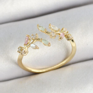 Pirinç Yaprak Figürlü Zirkon Taşlı Gold Renk Ayarlanabilir Kadın Yüzük BYK3768