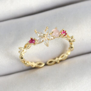 Pirinç Papatya Figürlü Zirkon Taşlı Gold Renk Ayarlanabilir Kadın Yüzük BYK3778