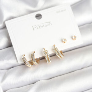 Pirinç Gold Renk Zirkon Taşlı 925 Gümüş Çivili Kadın Küpe Seti BKP11257