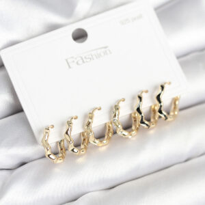 Gold Renk Pirinç Zikzak Model 925 Ayar Gümüş Çivili Kadın Küpe Seti BKP11264