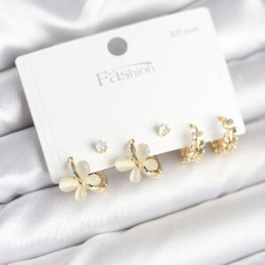 Kelebek Model Gold Renk Pirinç 925 Ayar Gümüş Çivili Kadın Küpe Seti BKP11271