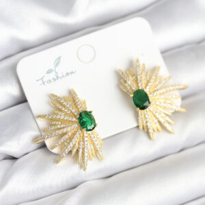 Yeşil Taş Detaylı Zirkon Taşlı Gold Renk Pirinç Kadın Küpe BKP11286