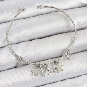 Pirinç Zirkon Taşlı Kelebek Ve Yıldız Model Gümüş Renk Charm Bileklik BB7345