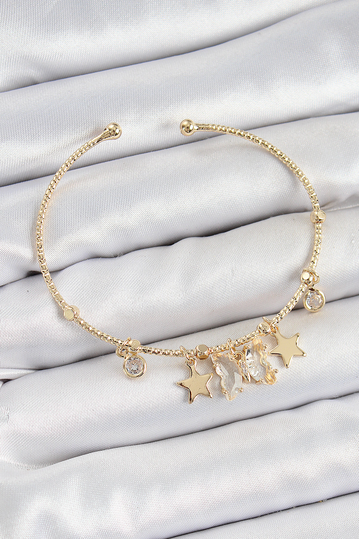 Pirinç Zirkon Taşlı Kelebek Ve Yıldız Model Gold Renk Charm Bileklik BB7355
