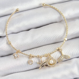 Pirinç Zirkon Taşlı İstiridye Ve Deniz Yıldızı Model Gold Renk Charm Bileklik BB7358