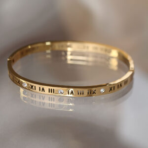 316L Çelik Roma Rakamlı Gold Renk Bilezik Kelepçe BB3565