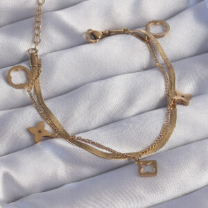 316L Çelik Gold Renk Çift Zincir Yonca Tasarım Bileklik BB6181