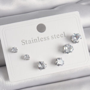 316L Çelik Gümüş Renk Zirkon Taşlı Kalp Model Kadın Küpe Seti BKP9879