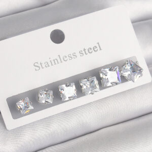 316L Çelik Gümüş Renk Kare Zirkon Taşlı Kadın Küpe Seti BKP10303