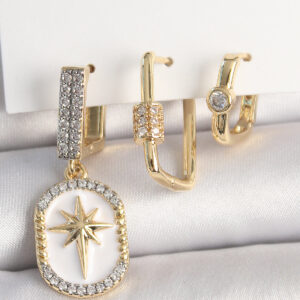 Pirinç Gold Renk Sallantı Zirkon Taş İşlmeli Yıldız Portre Model 3'Lü Kadın Kombin Küpe BKP10452