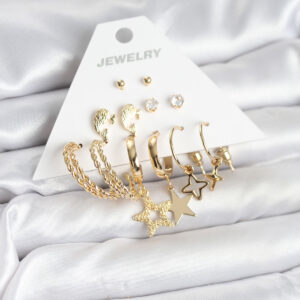 Gold Renk Yıldızlı Set 6 Çift Kadın Küpe Seti BKP11320