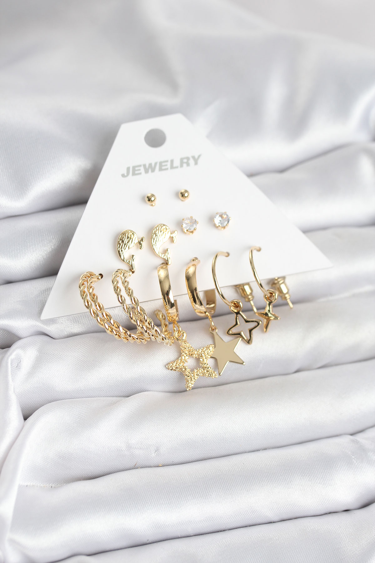 Gold Renk Yıldızlı Set 6 Çift Kadın Küpe Seti BKP11320