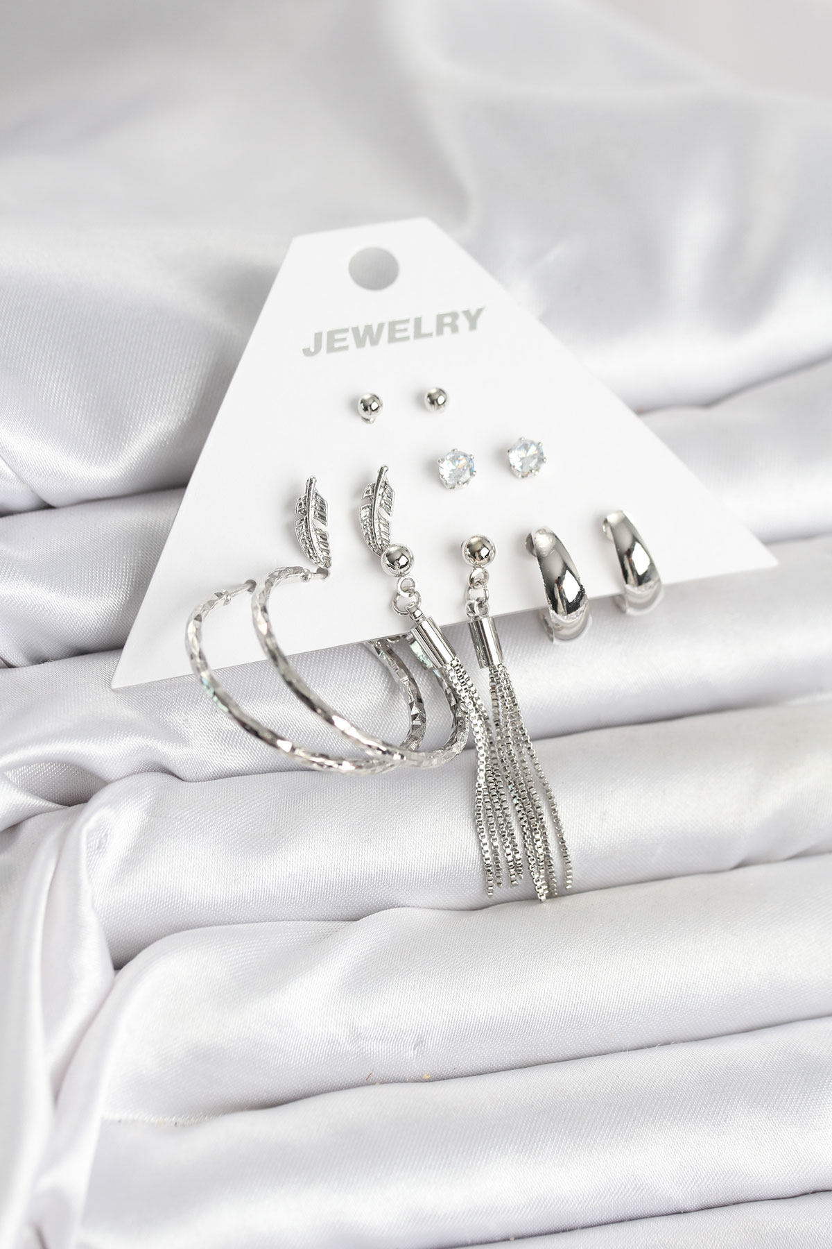 Gümüş Renk Pirinç 6 Çiftli Kadın Küpe Seti BKP11331