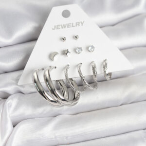 Pirinç Gümüş Renk Halka Modelli 6 Çift Kadın Küpe BKP11335