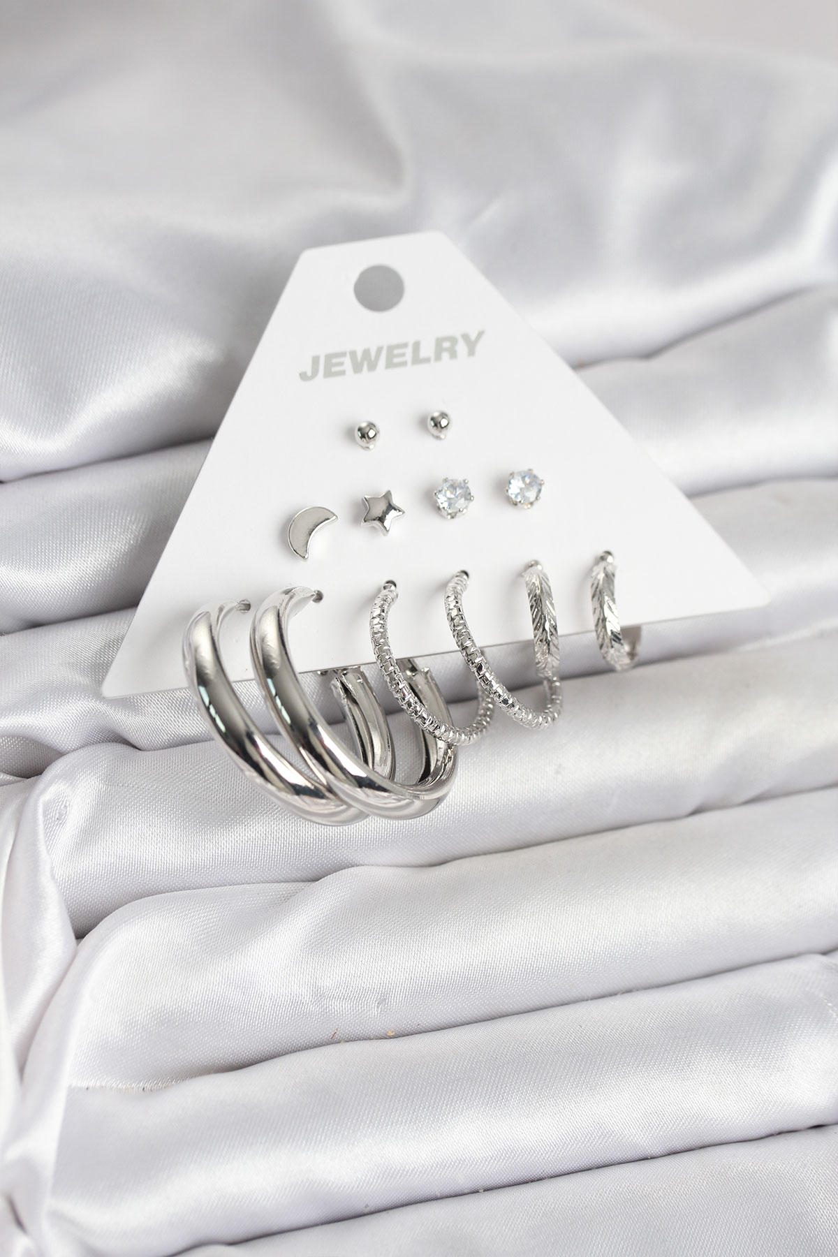 Pirinç Gümüş Renk Halka Modelli 6 Çift Kadın Küpe BKP11335