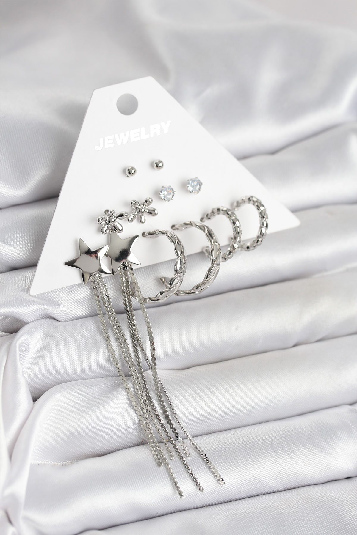 Gümüş Renk Pirinç 6 Çift Kadın Küpe Seti BKP11338