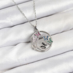 316L Çelik Zincir Gümüş Renk Zirkon Taşlı Kelebekli Kadın Kolye BKO10608