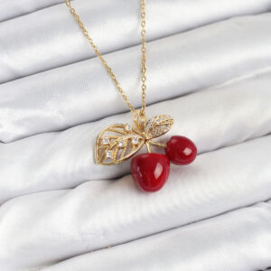 316L Çelik Zincir Yapraklı Kiraz Model Gold Renk Kadın Kolye BKO10613