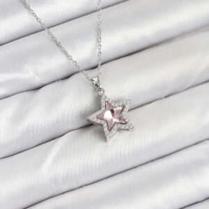 316L Çelik Zincir Gümüş Renk Pembe Taşlı Yıldız Model Kadın Kolye BKO10620
