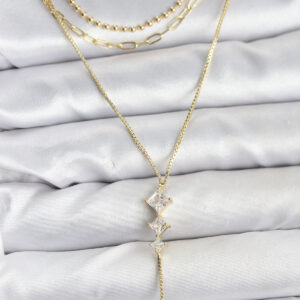 Pirinç Gold Renk Zirkon Taş Detaylı 3'lü Kombin Y Kadın Kolye BKO10691