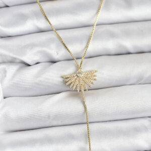 Pirinç Gold Renk Zirkon Taşlı Yelpaze Model Detaylı 3'lü Kombin Y Kadın Kolye BKO10695