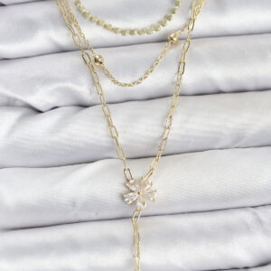 Pirinç Gold Renk Zirkon Taşlı Çiçek Model Detaylı 3'lü Kombin Y Kadın Kolye BKO10697