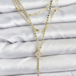 Pirinç Gold Renk Zirkon Taşlı Yonca Model Detaylı 3'lü Kombin Y Kadın Kolye BKO10699