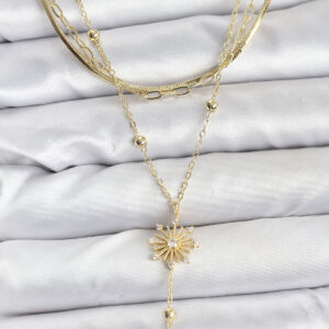 Pirinç Gold Renk Zirkon Taşlı Model Detaylı 3'lü Kombin Y Kadın Kolye BKO10700