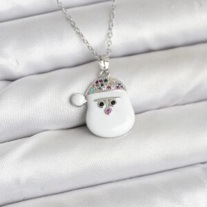 316L Çelik Zincir Gümüş Renk Şapkalı Kardan Adam Kafası Model Yılbaşı Temalı Kadın Kolye BKO10705