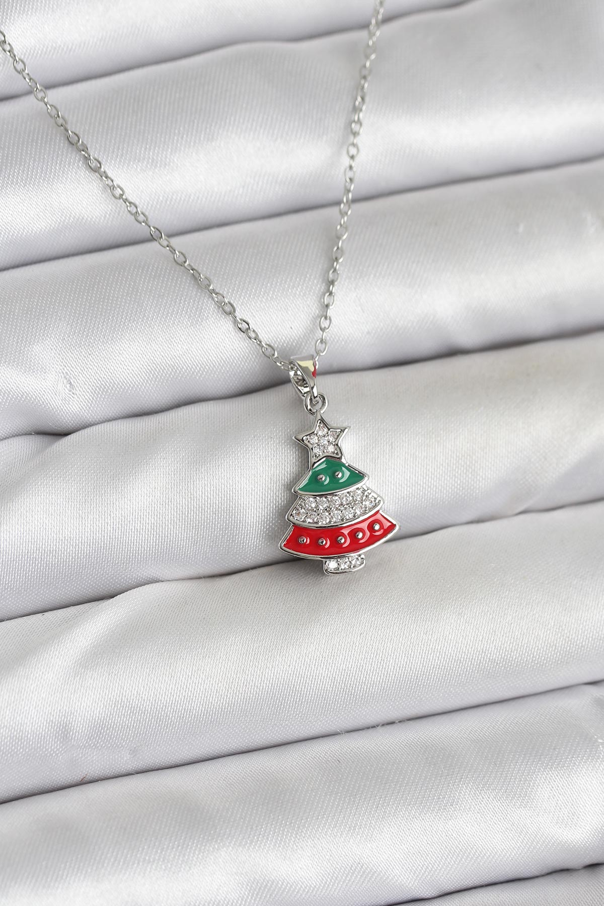 316L Çelik Zincir Gümüş Ren Çam Ağacı Model Zirkon Taşlı Yılbaşı Temalı Kadın Kolye BKO10711