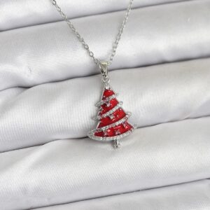 316L Çelik Zincir Gümüş Renk Kırmızı Çam Ağacı Model Yılbaşı Temalı Kadın Kolye BKO10715
