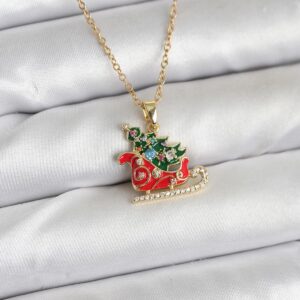 316L Çelik Zincir Gold Renk Kızak ve Çam Ağacı Figürlü Yılbaşı Temalı Kadın Kolye BKO10716