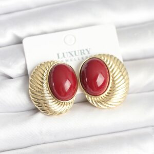 Pirinç Gold Renk Bordo Boncuklu Oval Vintage Kadın Küpe BKP11391