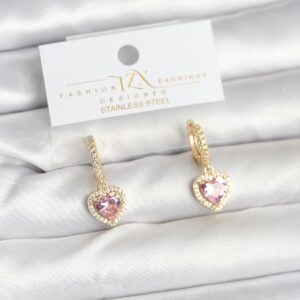 Pirinç Gold Pembe Renk Zirkon Taşlı Kalp Model Kadın Küpe BKP11393