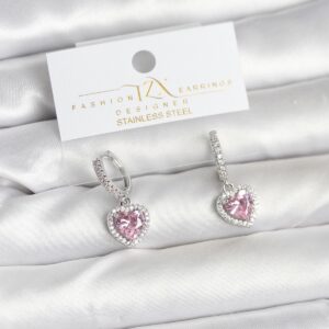 Pirinç Gümüş Pembe Renk Zirkon Taşlı Kalp Model Kadın Küpe BKP11395