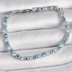 Pirinç Gümüş Renk Su Yolu Zirkon Taşlı Nazar Boncuklu Kadın Bileklik BB6647