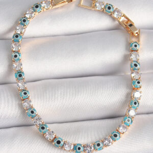 Pirinç Gold Renk Su Yolu Zirkon Taşlı Nazar Boncuklu Kadın Bileklik BB6648