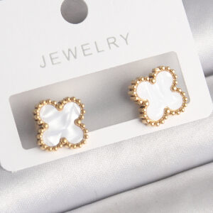 316L Çelik Gold Renk Beyaz Minelik Yonca Model Kadın Küpe BKP10197