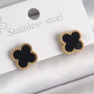 316L Çelik Gold Renk Siyah Yonca Model Kadın Küpe BKP10199