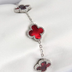 316L Çelik Sedefli Kırmızı Gümüş Renk Yonca Kadın Bileklik BB7665