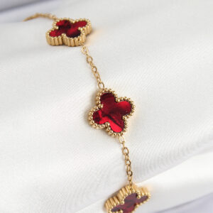 316L Çelik Sedefli Kırmızı Gold Renk Yonca Kadın Bileklik BB7666